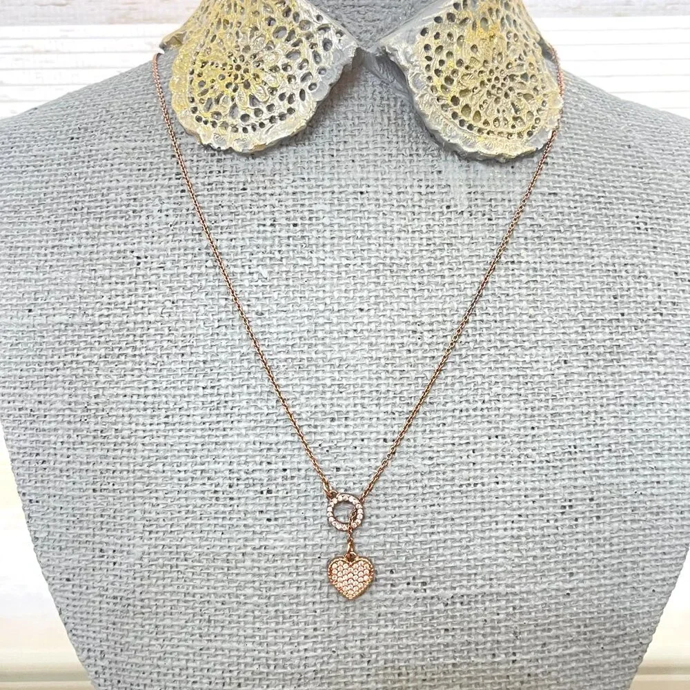 Betsey Johnson Necklace Rose Gold Crystal Heart Lariat